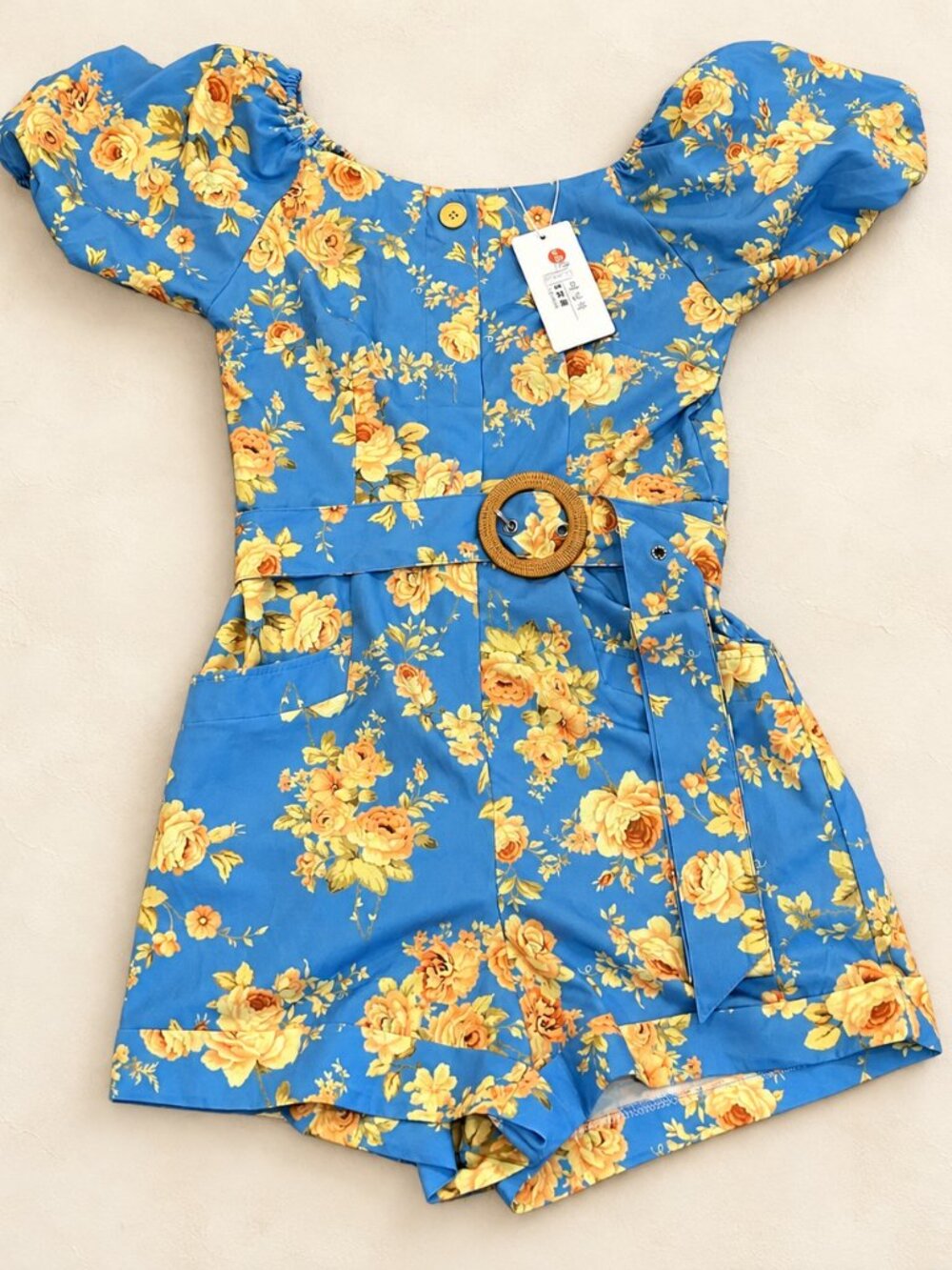 Blue Yellow Floral Puff Sleeve Belted Romper